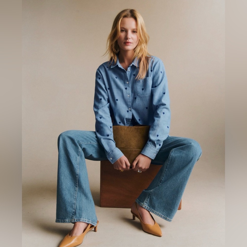 Sezane Tomboy Shirt Chambray With Embroidered Navy Hearts - Size 10 EUC